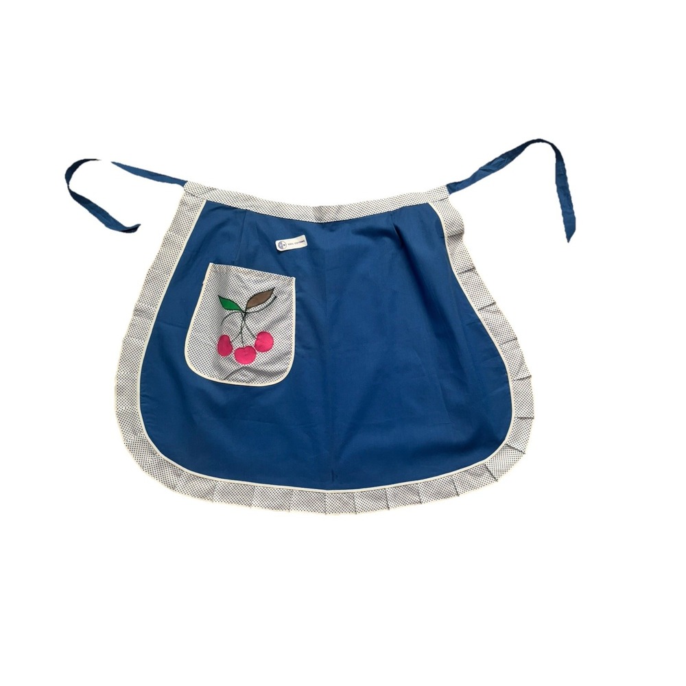 Vintage Style Half Apron With Cherry Detail Gingham Ruffled Border & Pocket